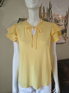 Adrianna Papell Sunny Yellow Tie-Neck Ruffle Sleeve Blouse